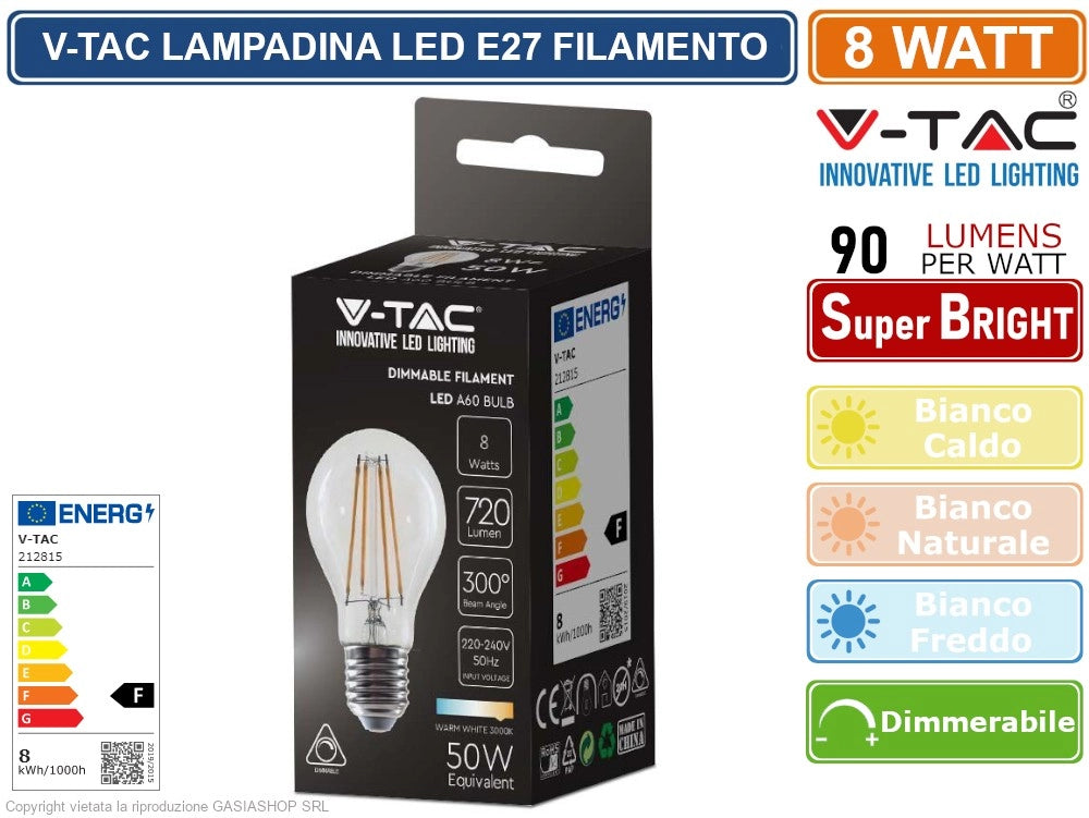V-TAC VT-2288D LAMPADINA LED E27 8W BULB A60 GOCCIA FILAMENT DIMMERABILE VETRO TRASPARENTE - SKU 212815
