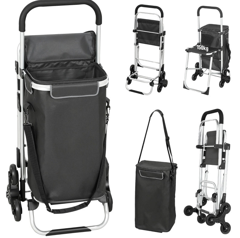 Carrello spesa 40 L grigio scuro con seduta e ruote per scale