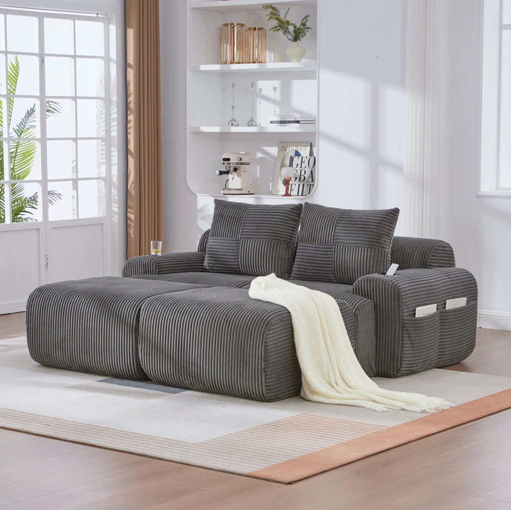 Divano modulare 2 posti IVMEU 200x174x80 cm in velluto a coste grigio scuro, con portabicchieri e tasca laterale