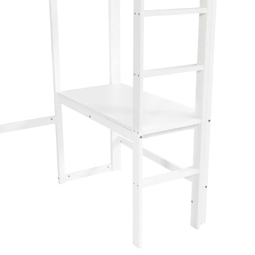 Letto a soppalco per bambini 90 × 200 cm con scrivania cassetti scaffale rete a doghe in legno bianco