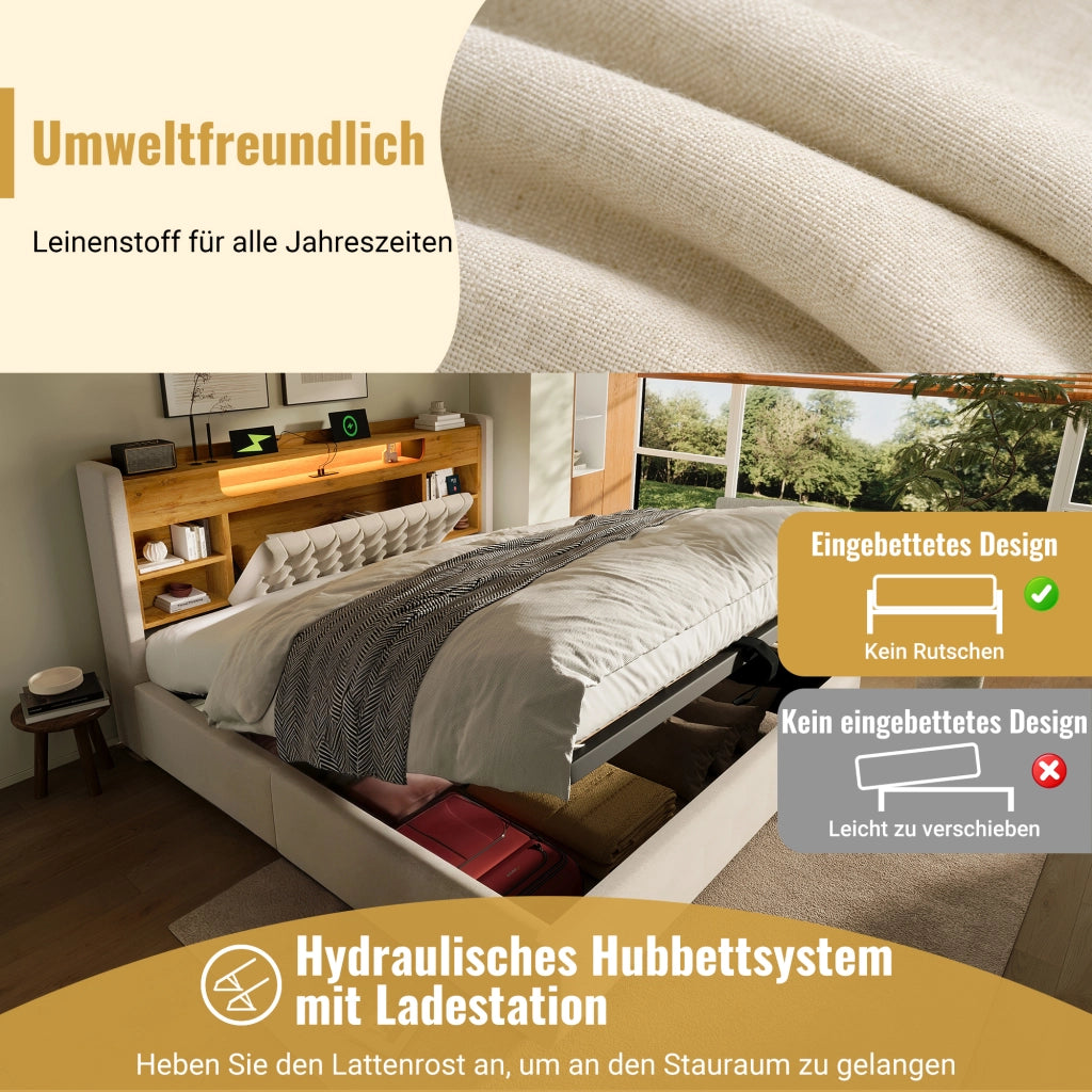 Letto singolo 90 × 200 cm con contenitore idraulico LED USB Type C in lino beige con testiera a ripiani