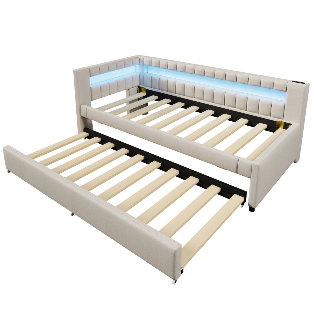 Daybed estraibile con illuminazione LED, 90x200 cm, in lino beige con porte USB e TYPE-C