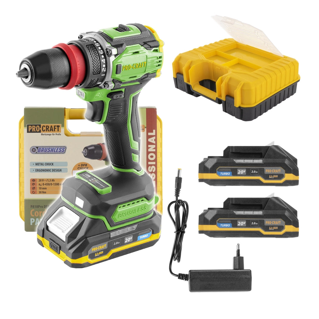 Trapano avvitatore a batteria Procraft PA18Pro DFR-2B-C, 20V, 30 Nm, 2 batterie da 2Ah