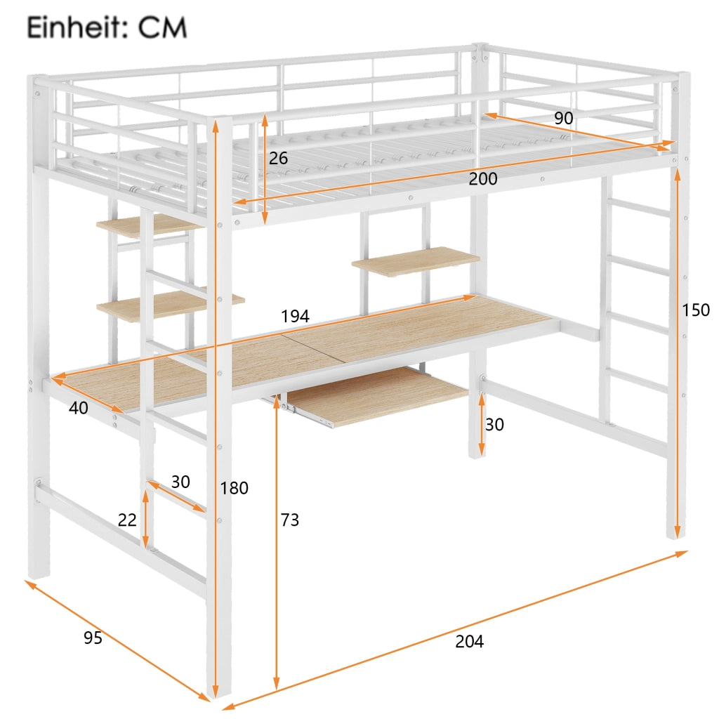 Letto a soppalco in metallo bianco 90x200 cm con scrivania e scaffali integrati
