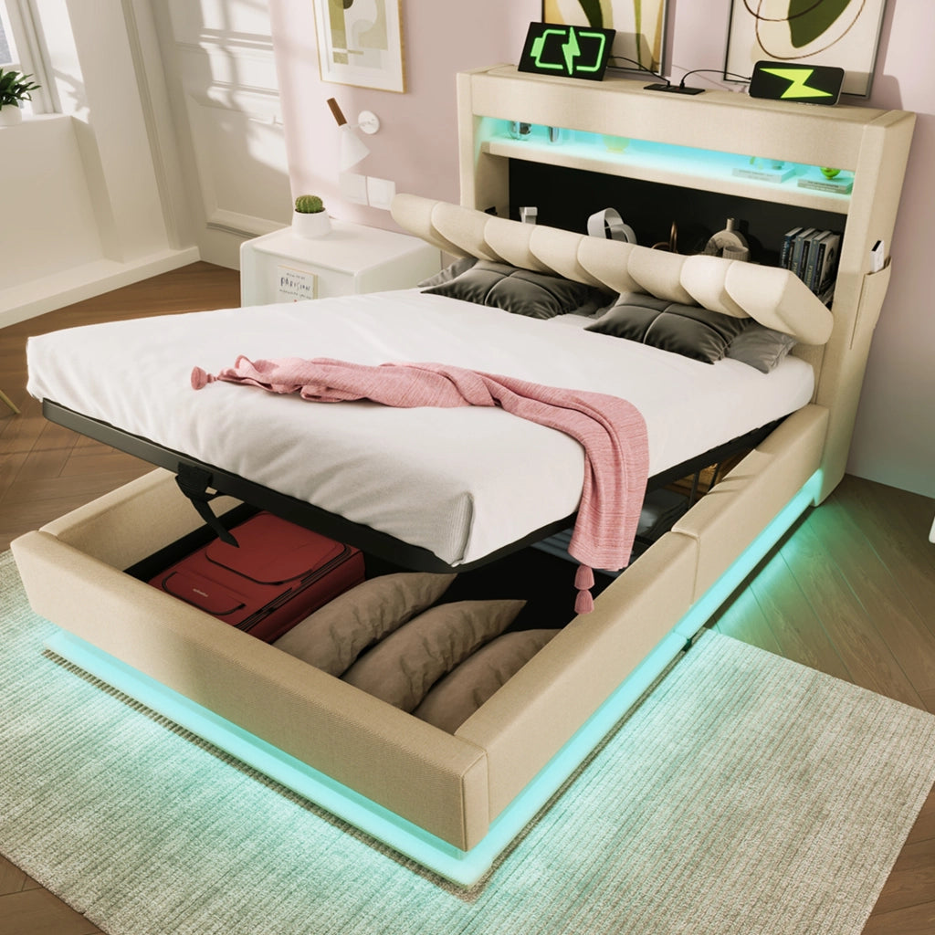 Letto singolo imbottito 90 × 200 cm in lino beige con vano contenitore LED USB Type C e testiera con ripiano