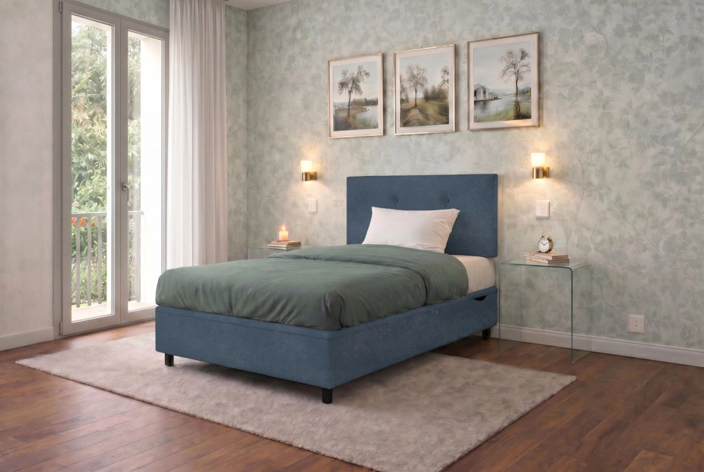 Letto Singolo Contenitore Imbottito 80x200 cm Microfibra Blu BoxMax Testata Button