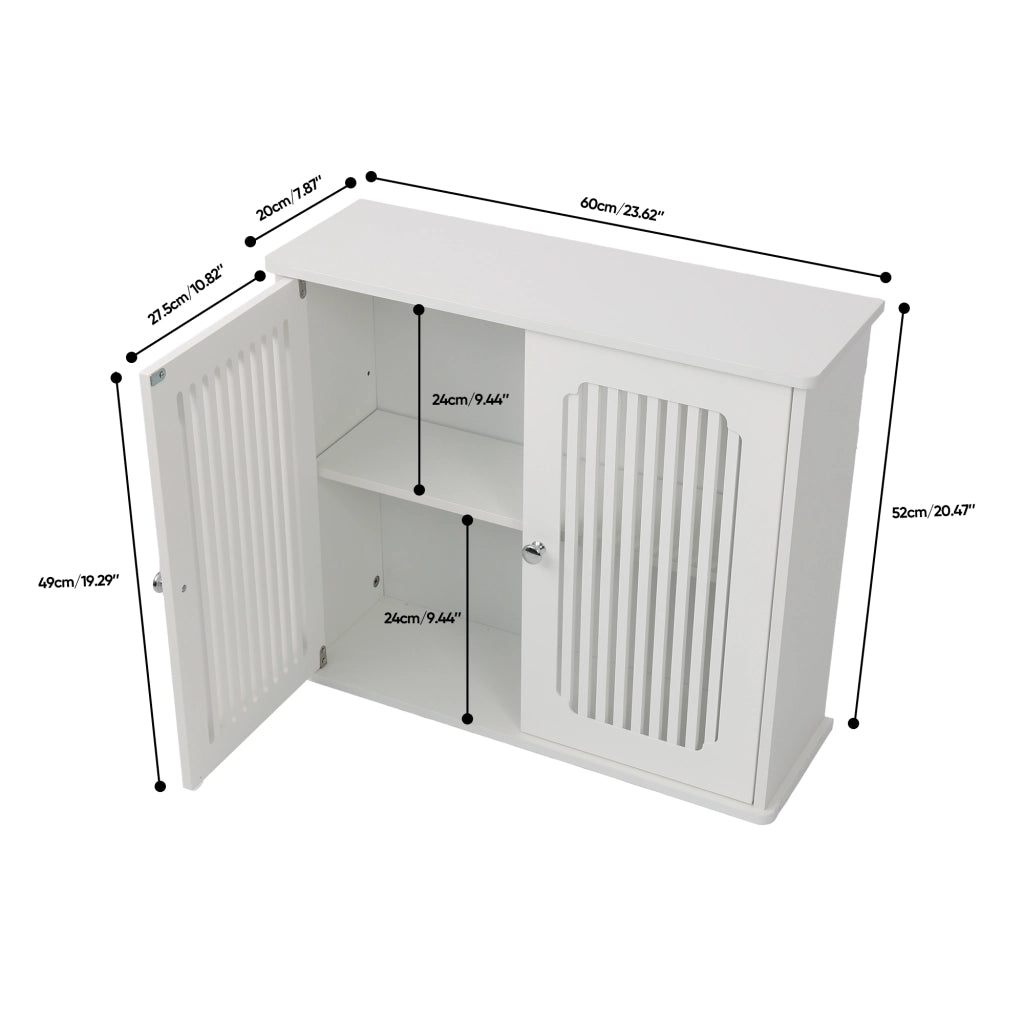 Mobile da bagno sospeso 69,3 × 43,8 × 11 cm con doppie ante a lamelle in MDF e pannello truciolare bianco