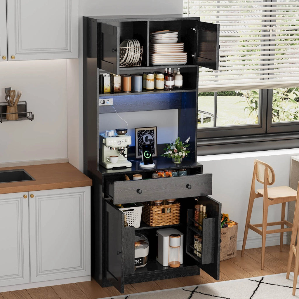 Mobile da cucina 72 × 40 × 180 cm con LED RGB prese AC e USB cassetto grande ripiani MDF nero fissaggio a parete