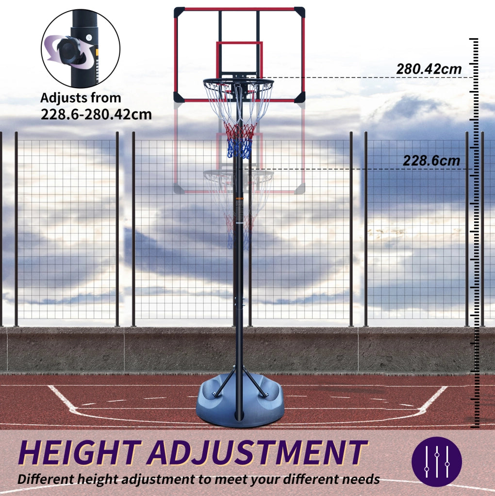 Canestro da basket regolabile da 228,6 a 280,42 cm nero e rosso con ruote