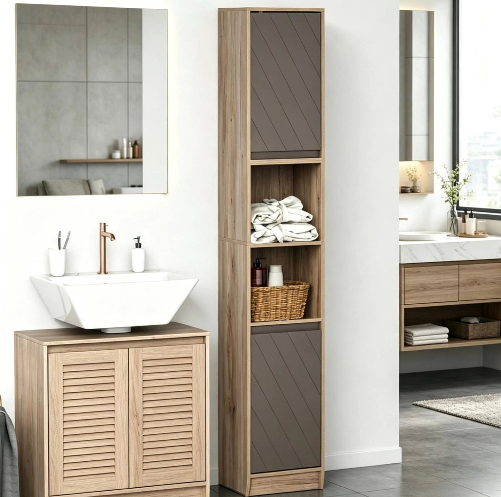 Mobile alto e stretto da bagno grigio e rovere con ripiani regolabili