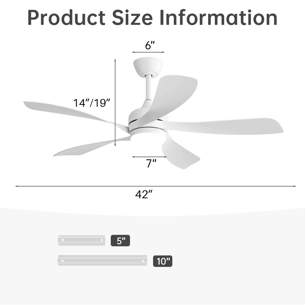Ventilatore da soffitto da 42 pollici con luce LED dimmerabile; motore DC silenzioso e telecomando bianco