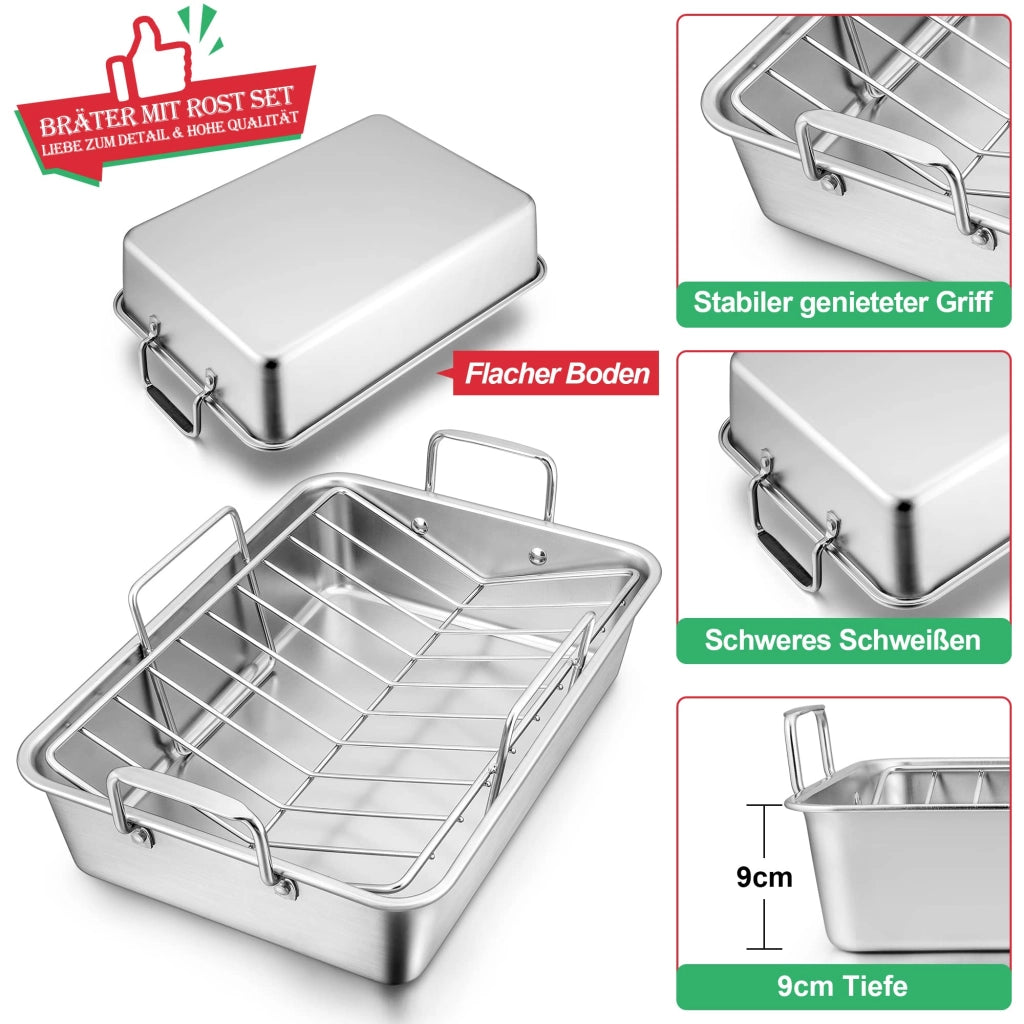 Padella antiaderente con griglia, set da 3 pezzi, acciaio inossidabile, dimensioni 35,8x26,7x9 cm