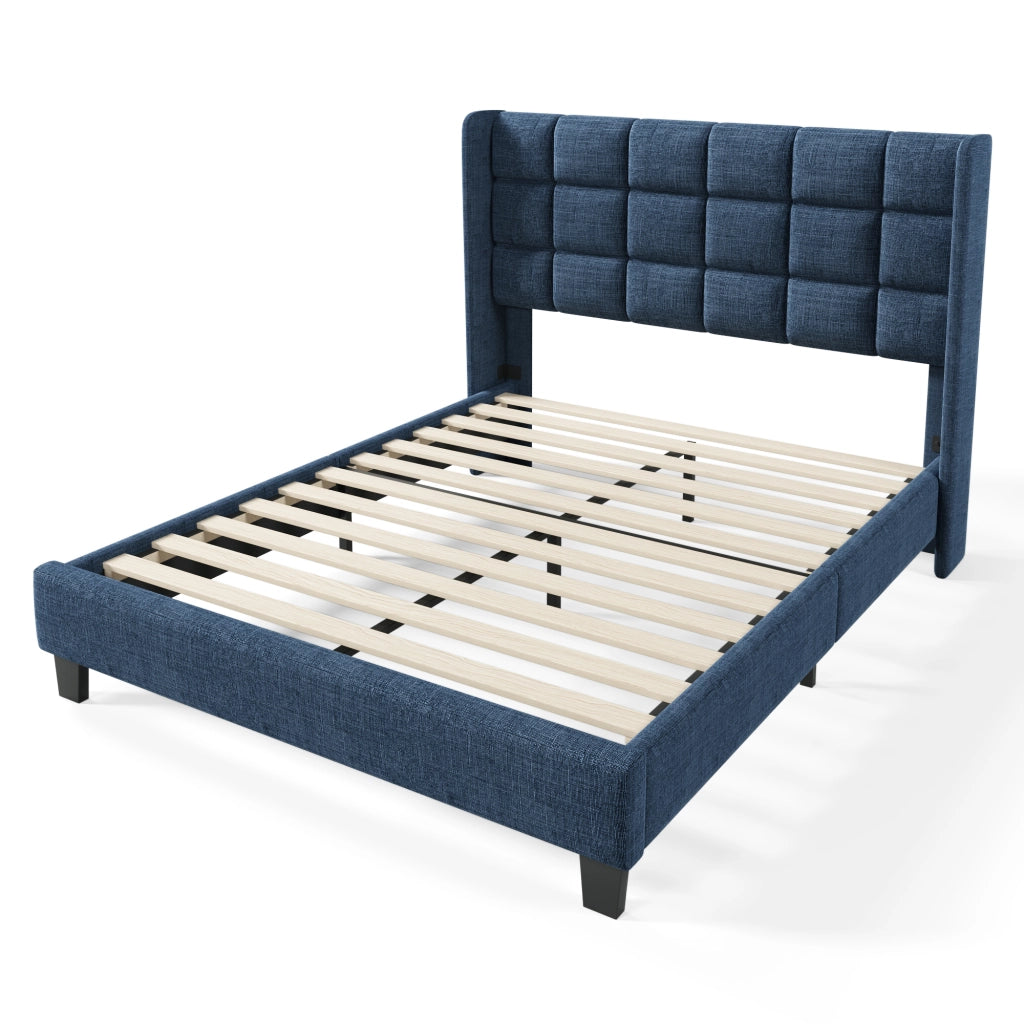 Letto imbottito blu 140x200 cm con rete a doghe