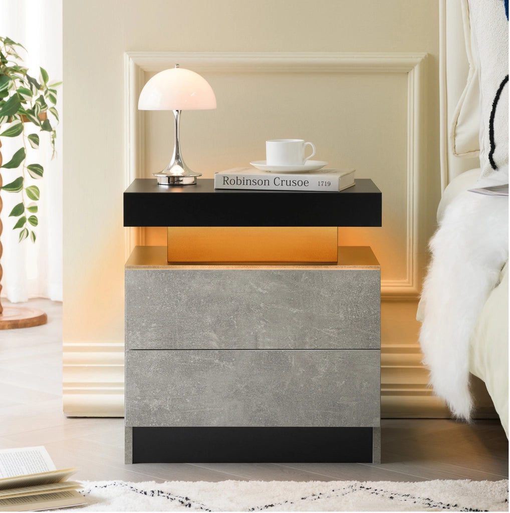 Comodino Moderno con Luci LED Regolabili e 2 Cassetti Grigio per Camera da Letto