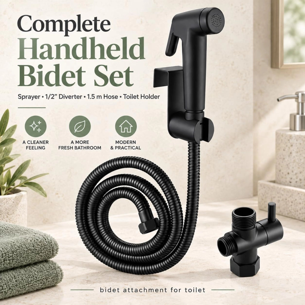 Set di pistola a spruzzo nera con convertitore d'acqua da 1/2, tubo flessibile e bidet per montaggio WC