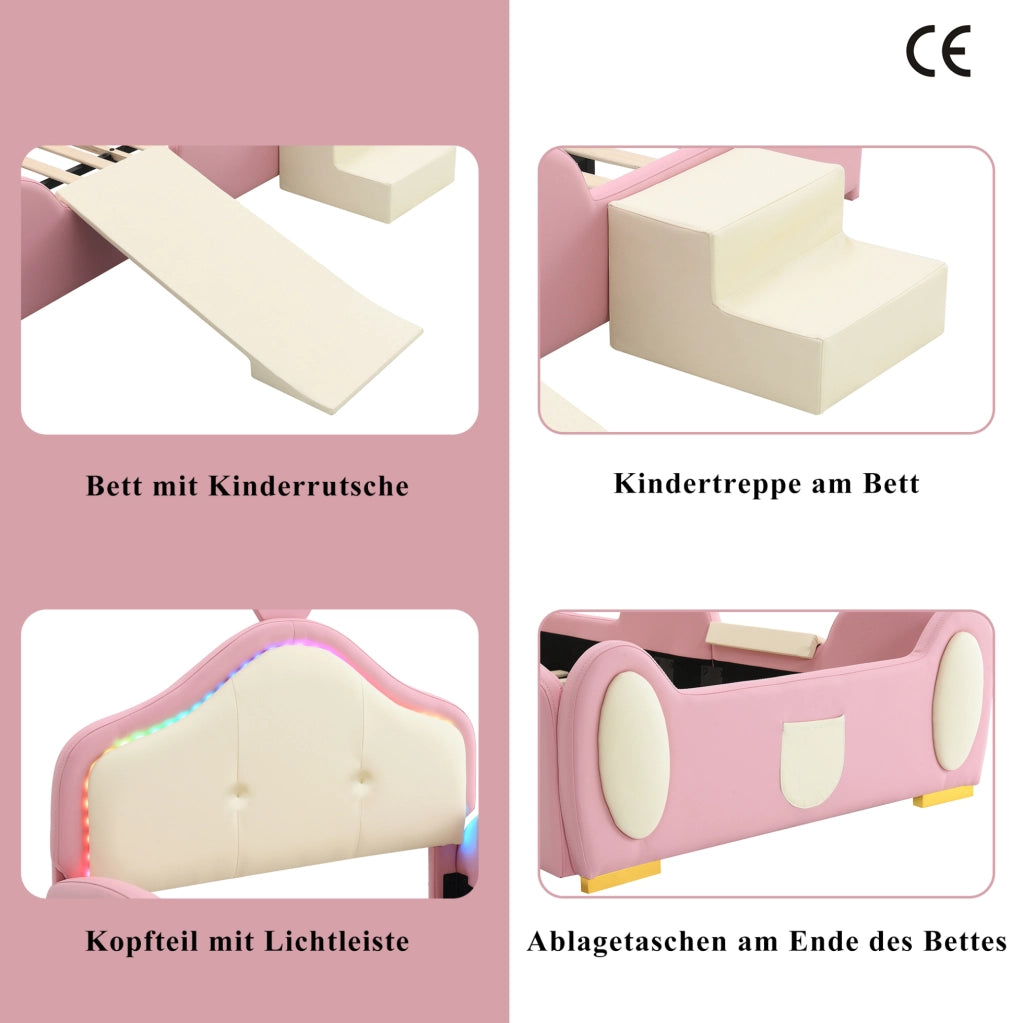 Letto per bambini imbottito 90x200 cm con scivolo; scala e LED multicolore; rosa e beige