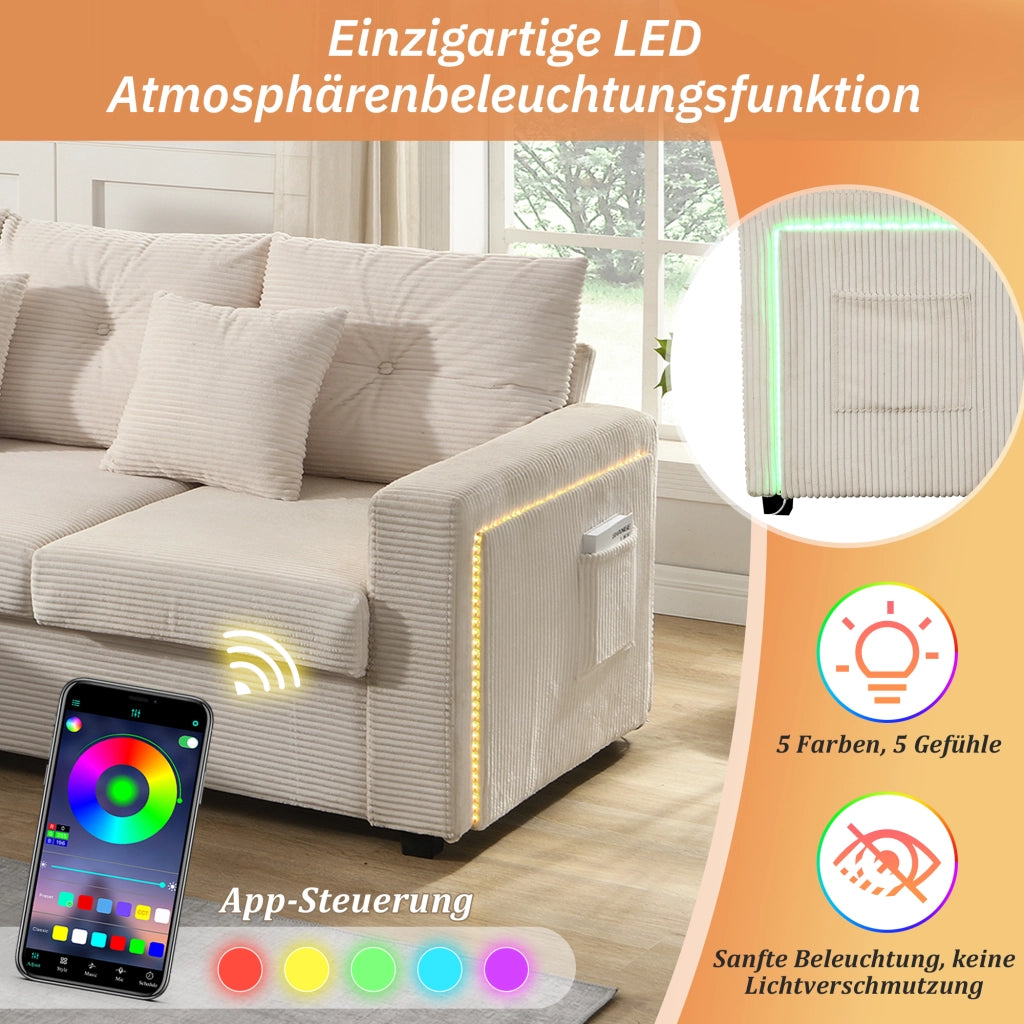 Divano 3 posti con pouf 98x51 cm e LED controllabili tramite app; modulare a L; velluto a coste beige