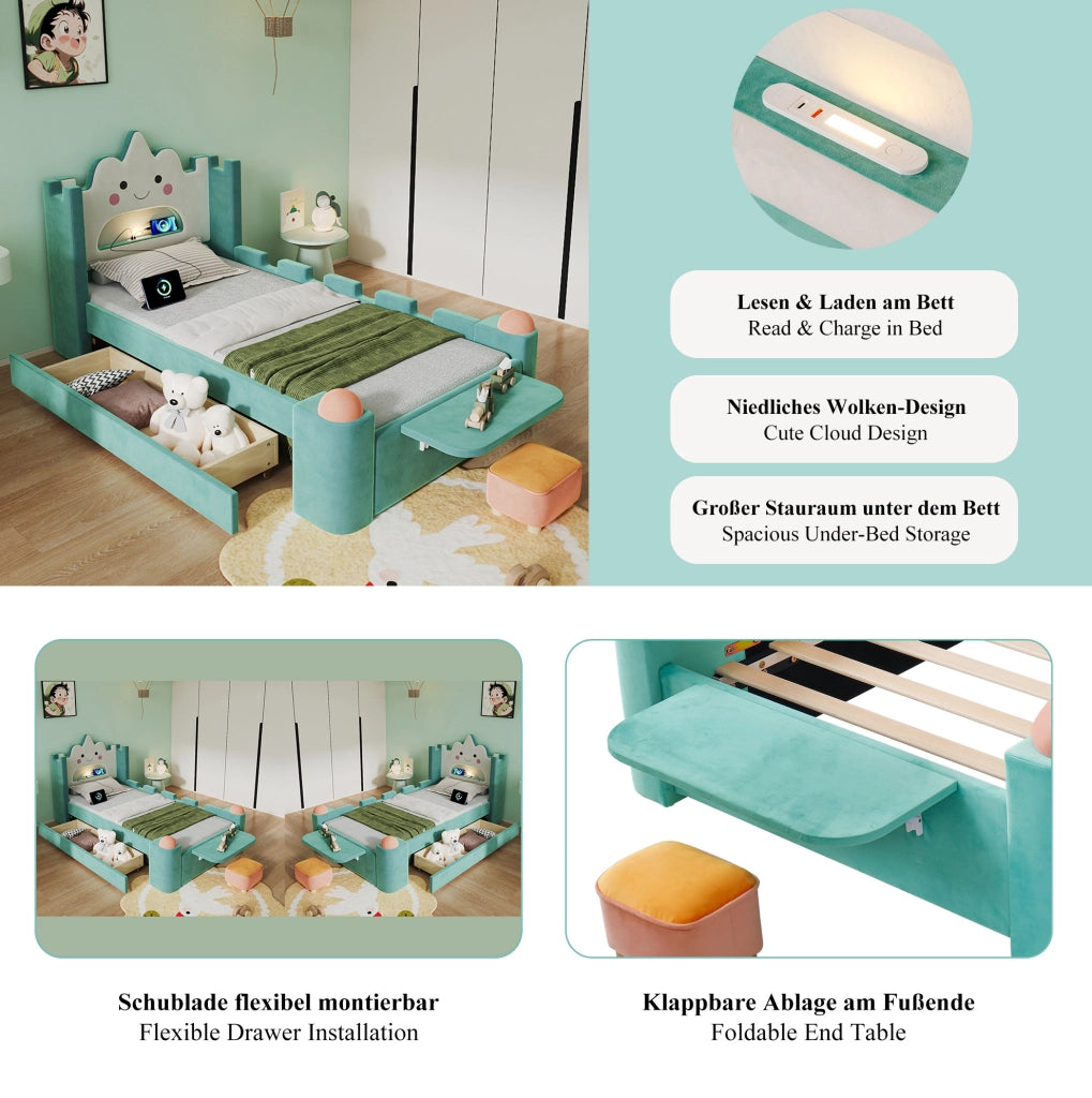 Letto singolo imbottito per bambini 90x200 cm con cassetto; USB e lampada; blu verde
