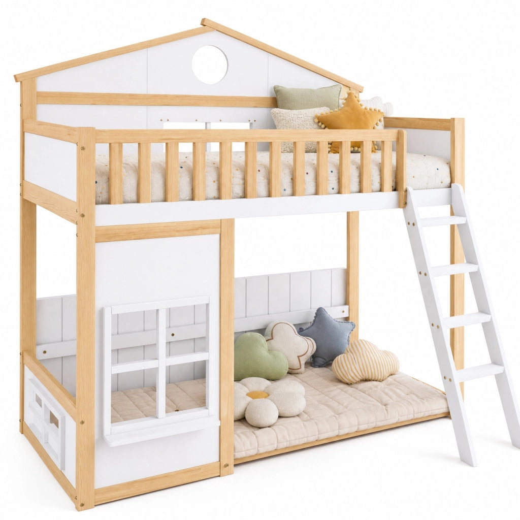 Letto a castello per bambini 90 × 200 cm con scala protezione anticaduta legno bianco e naturale con tetto