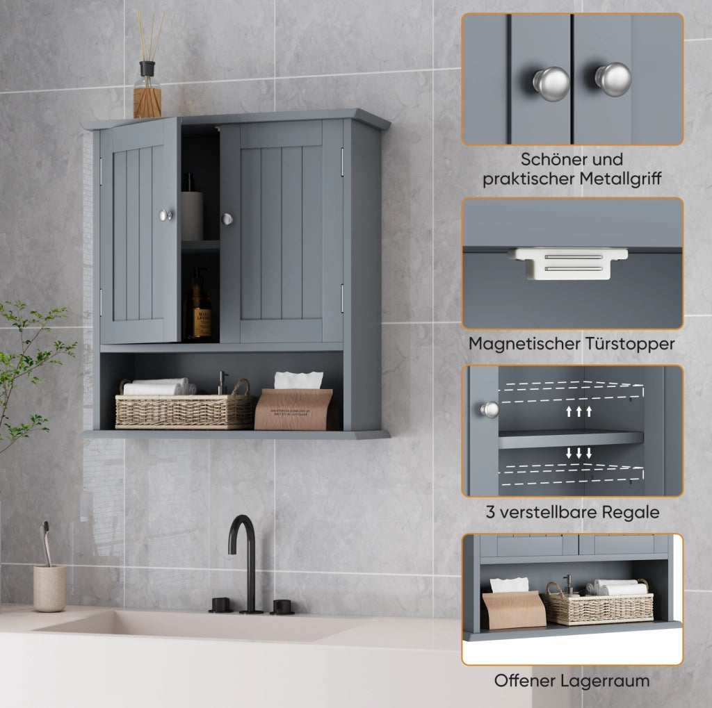 Mobile bagno da parete in MDF con 2 ante e ripiani regolabili, grigio, 54,6x19,8x60 cm