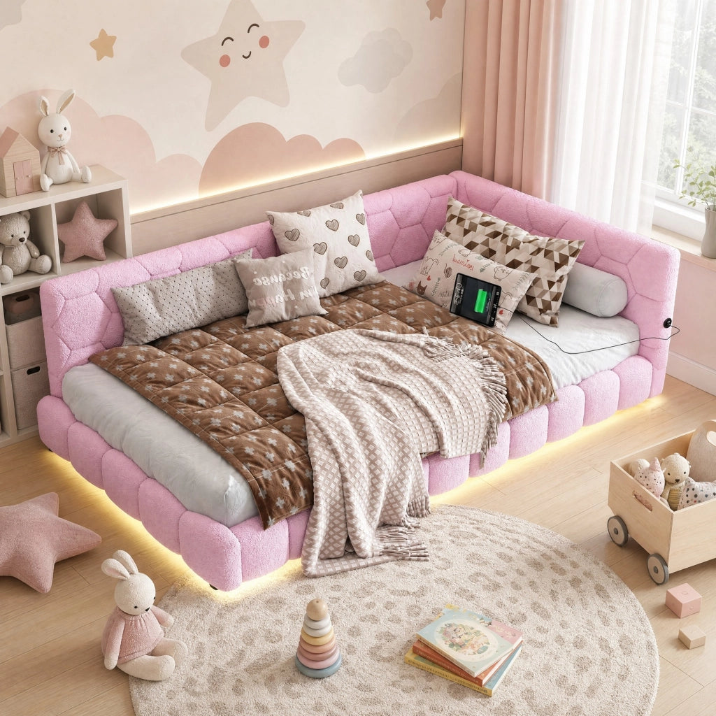 Letto singolo 90x200 cm con LED a 16 colori; USB e USB-C; struttura in MDF; rosa