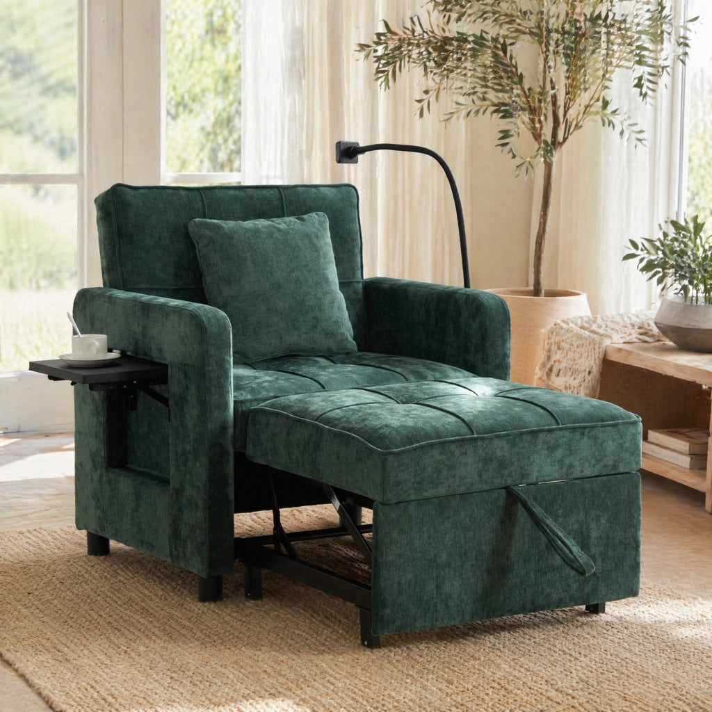 Poltrona convertibile 167x79x83 cm in ciniglia verde con cuscino, 150 kg