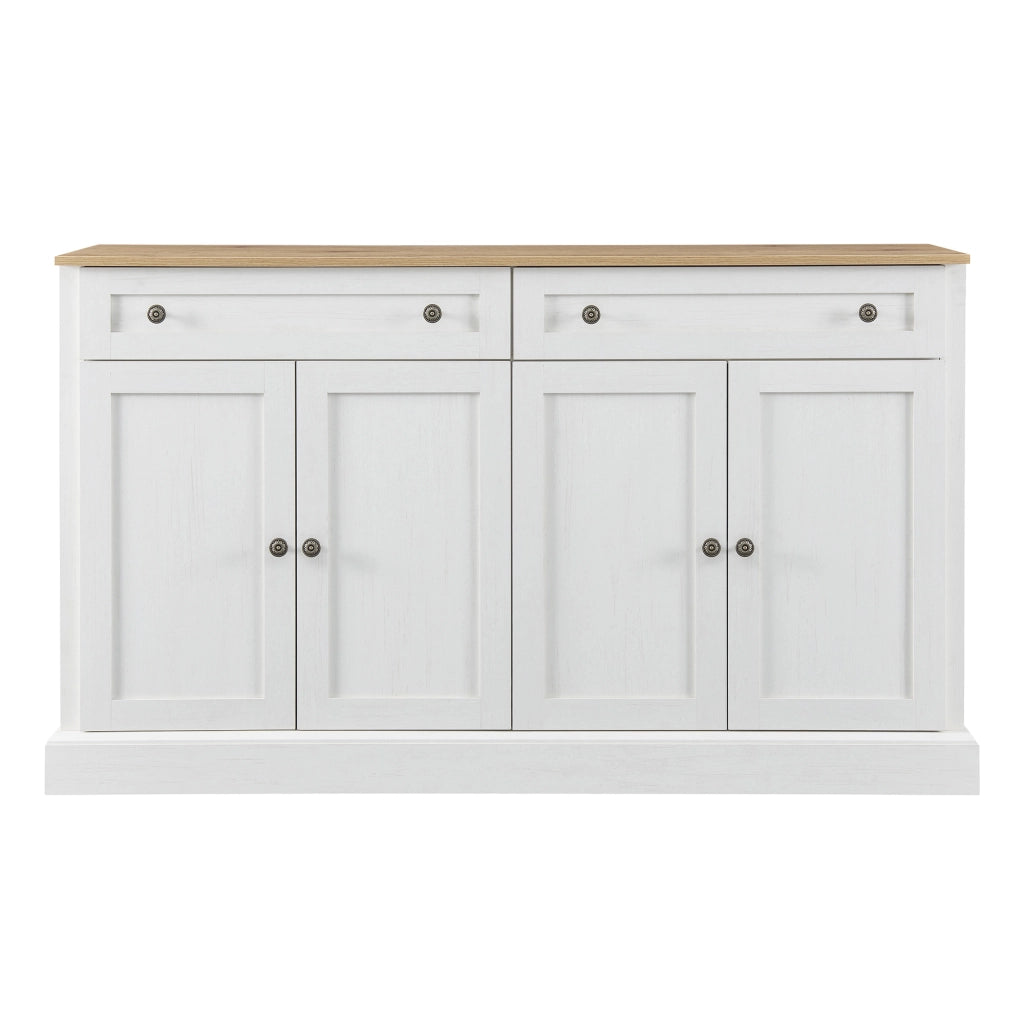 Credenza 150 × 40 × 86 cm con 4 ante 2 cassetti e ripiani regolabili in MDF e truciolato bianco e legno naturale