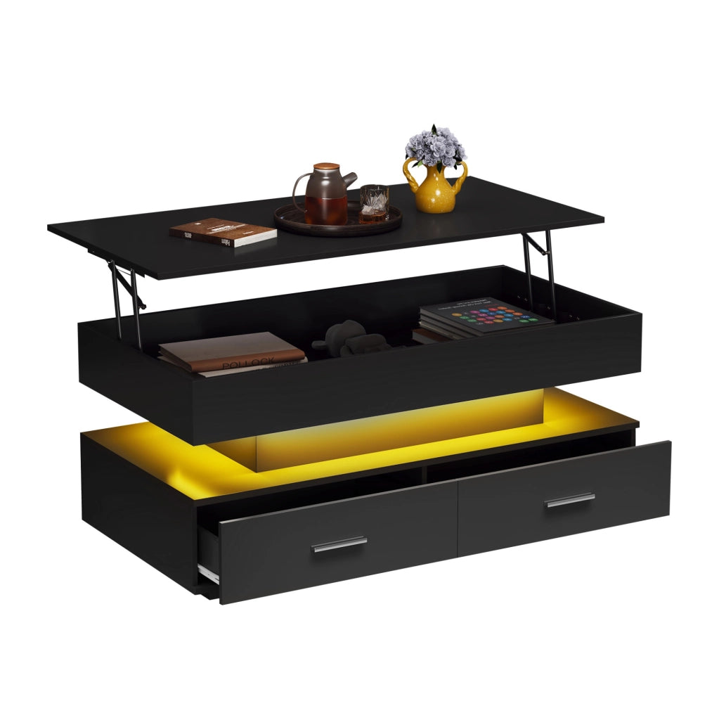 Tavolino elevabile 100 × 50 × 44 cm in truciolare nero con LED e contenitore