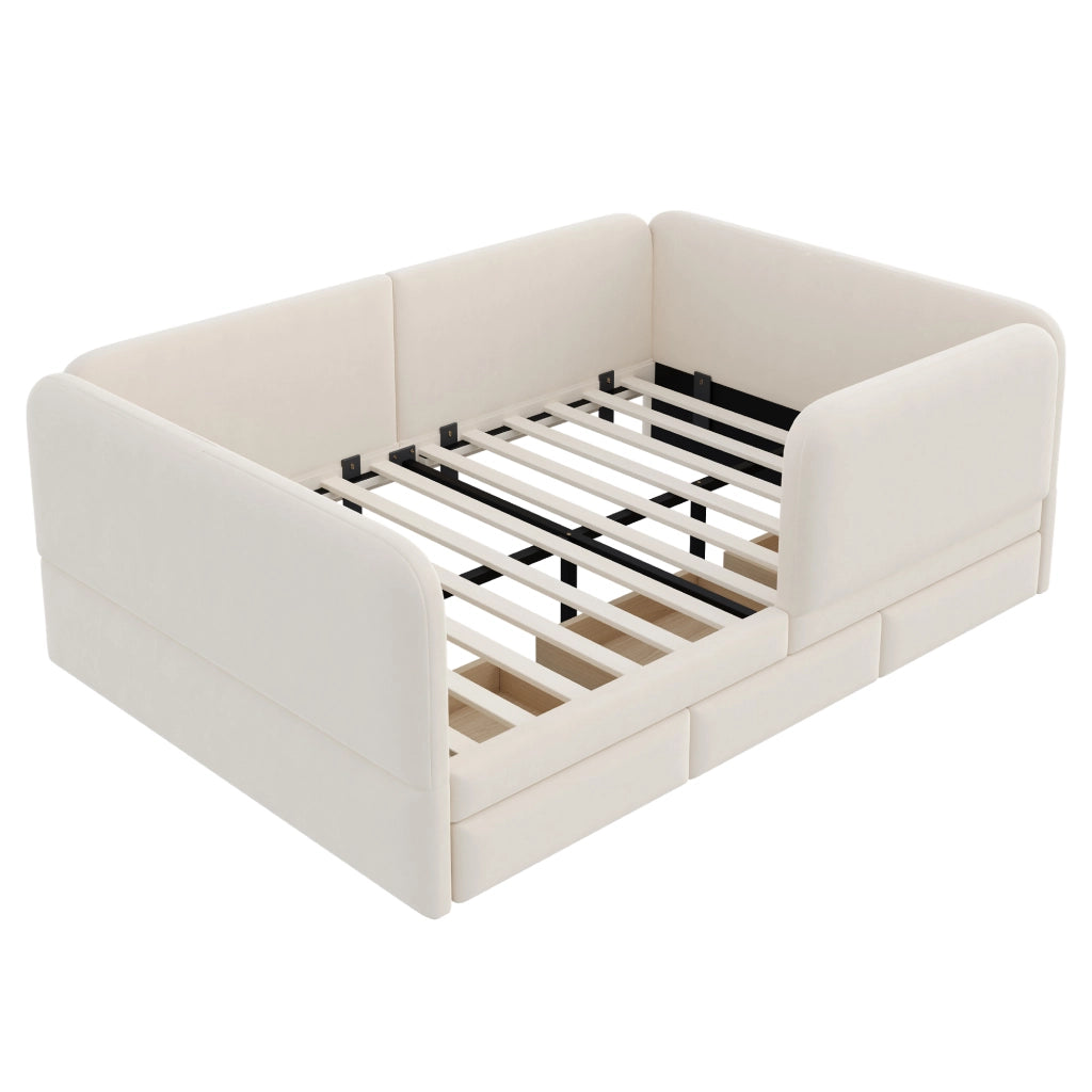 Letto per bambini imbottito 140 × 200 cm in velluto beige con bordi arrotondati e tre cassetti