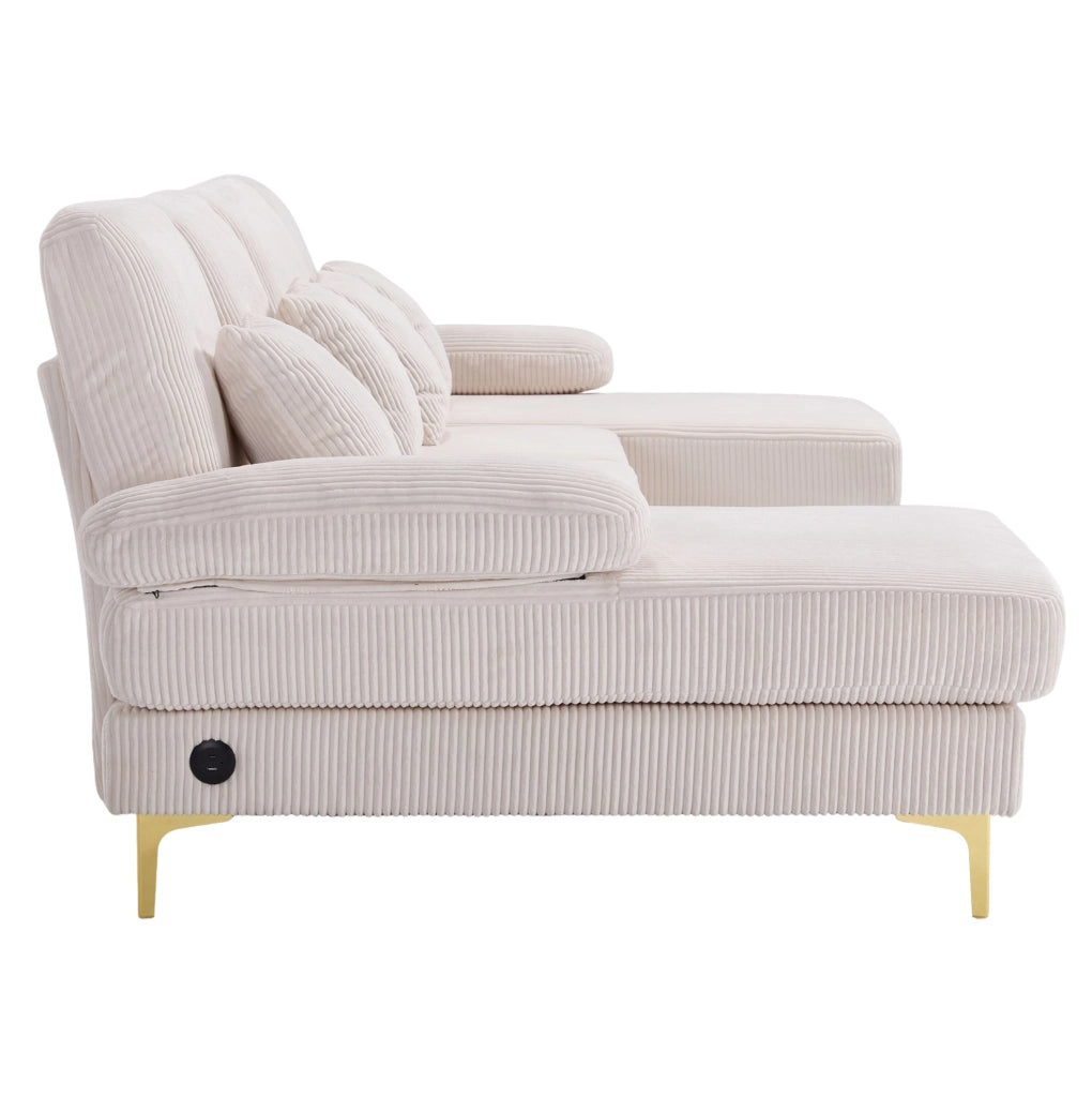Divano a U 265x135x88 cm in velluto beige con LED e porta USB-C, 4 cuscini