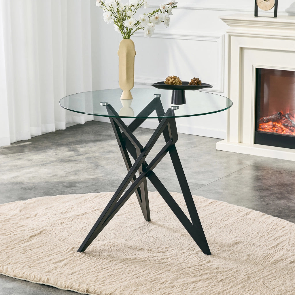 Tavolino da salotto rotondo 85 cm altezza 75,7 cm in vetro temperato e metallo nero con base geometrica