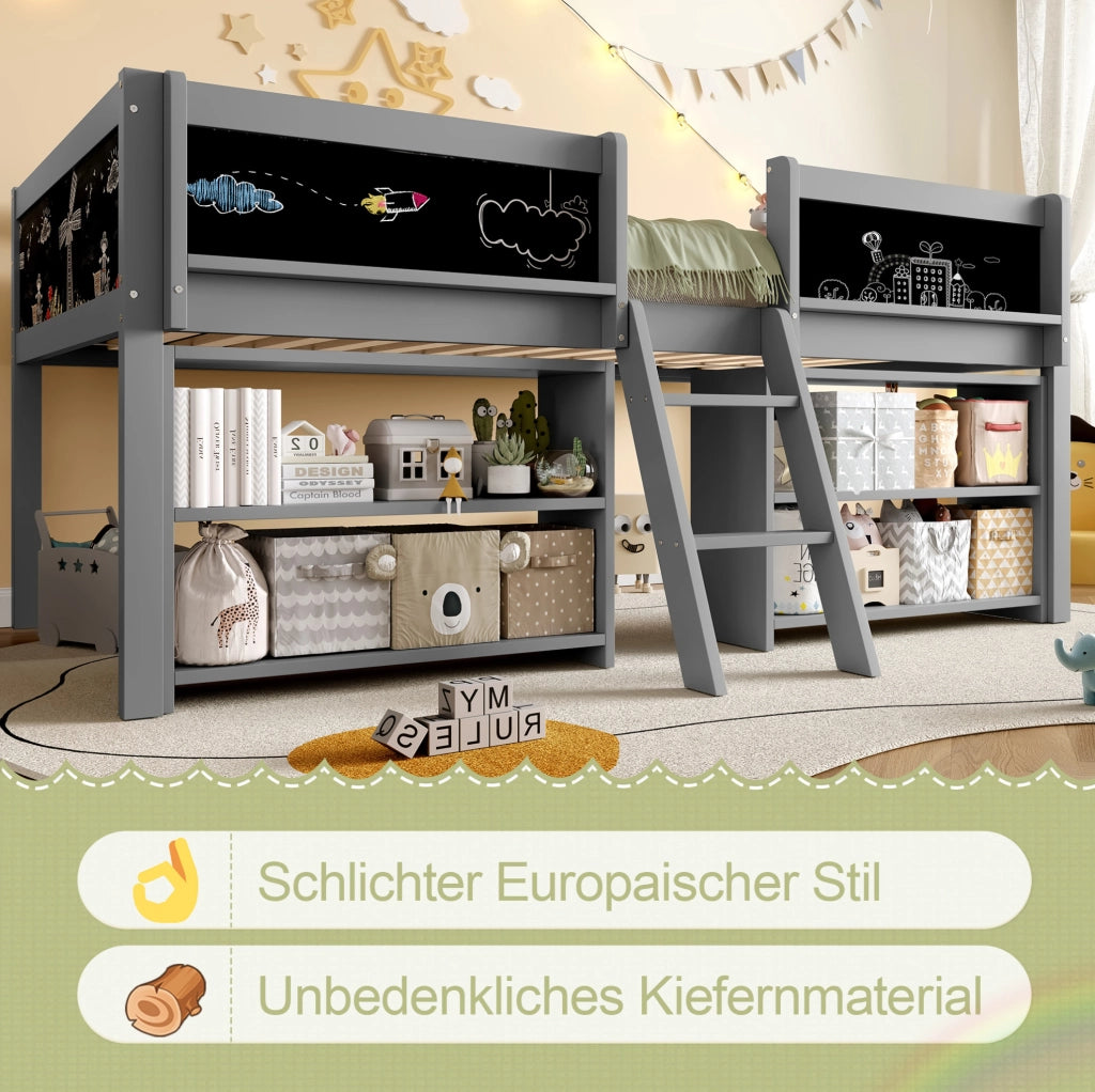 Letto rialzato per bambini 90x200 cm con ripiani; scala e lavagna in pino e MDF; grigio