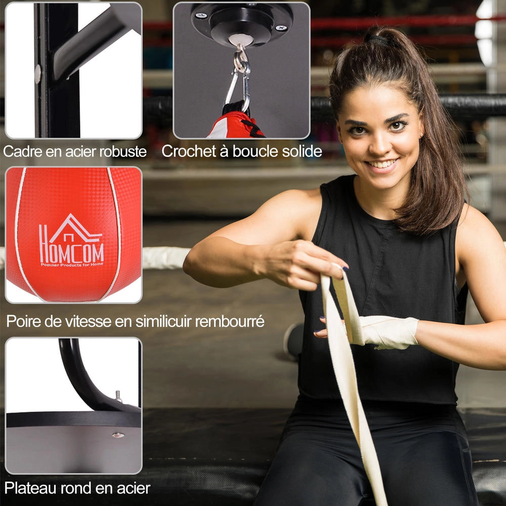 Pera Veloce da Boxe con Supporto Piattaforma Regolabile e Pompa, Acciaio e Legno, Rosso e Nero