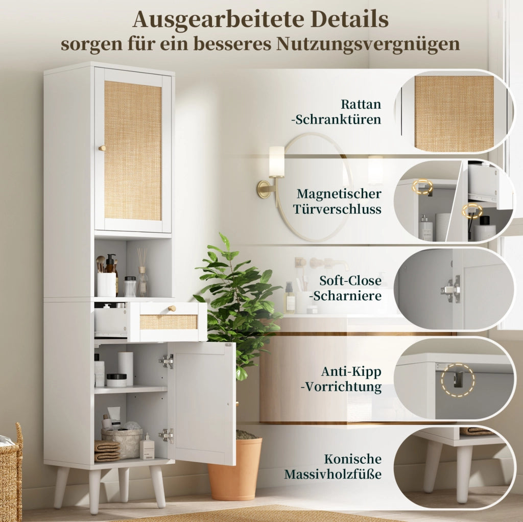 Mobile alto da bagno bianco 40 x 30 x 166 cm con ante reversibili e cassetto