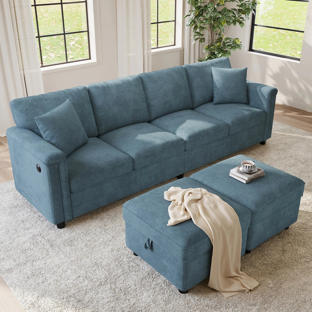 Divano modulare blu in ciniglia con due pouf contenitori