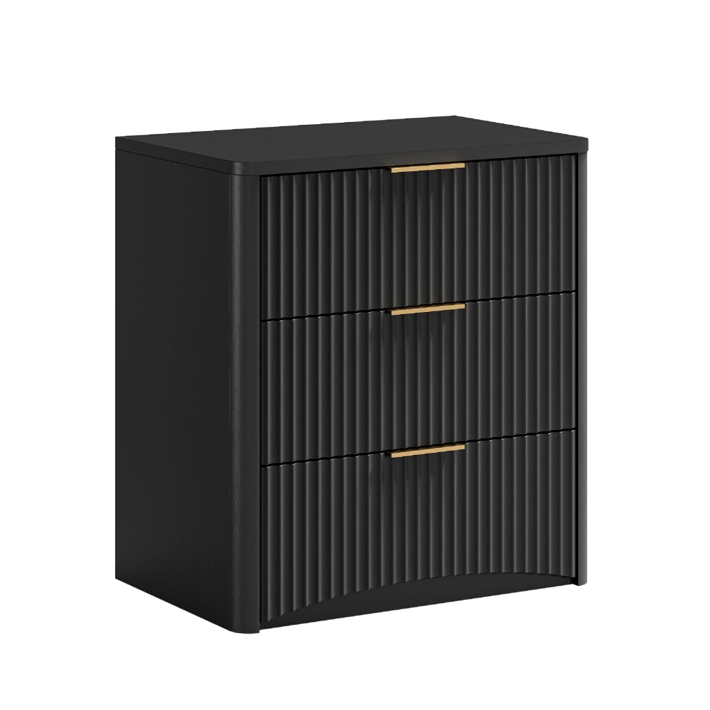 Comodino nero in MDF con 3 cassetti spaziosi, maniglie metalliche dorate e guida ammortizzata silenziosa, 58x38x64 cm