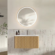 Mobile bagno sospeso con lavabo integrato in pietra ricostruita, specchio LED rotondo 80 cm, finitura rovere
