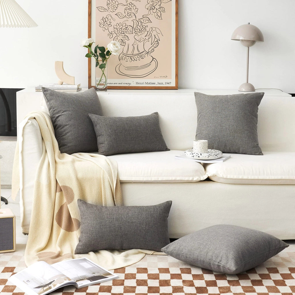 Cuscini decorativi, rivestimento effetto lino, 65x65 cm, set da 2, color grigio scuro