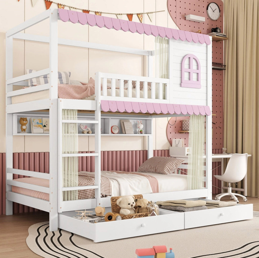 Letto a castello per bambini 90x200 cm con cassetti e ripiani in pino e MDF bianco e rosa