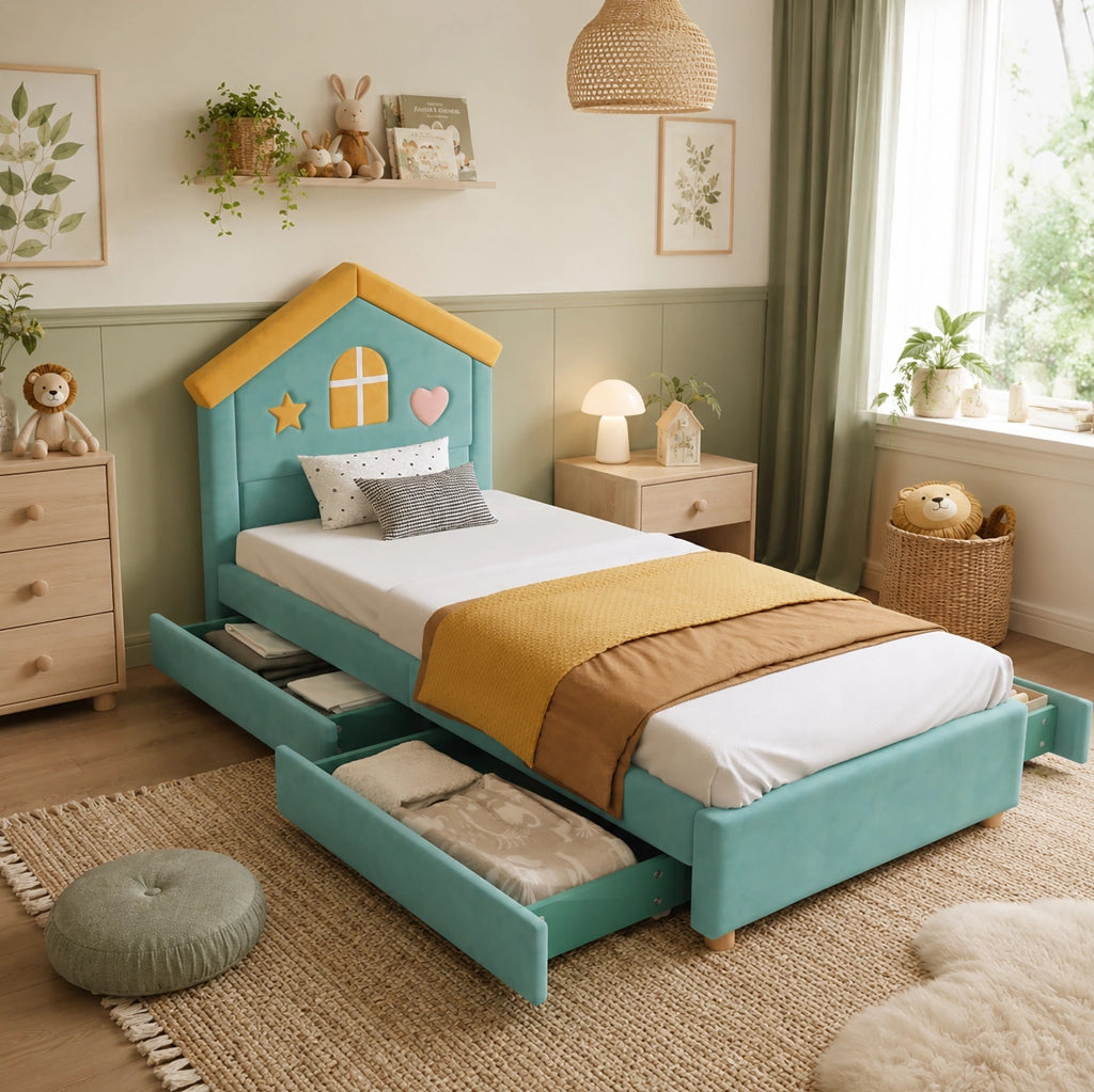 Letto imbottito per bambini 90 x 200 cm blu-verde con 4 cassetti