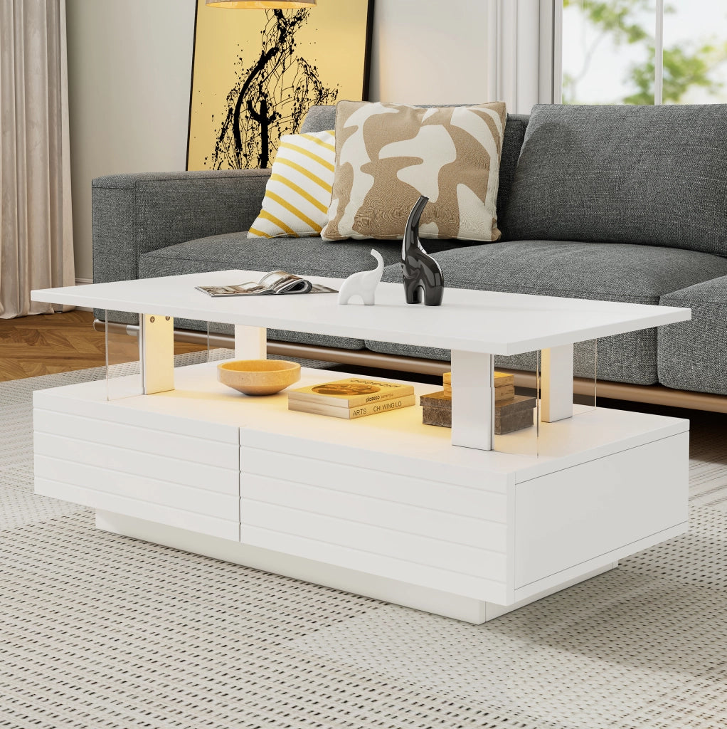 Tavolino da caffè LED bianco 100 x 50 x 42,5 cm con contenitore e Bluetooth