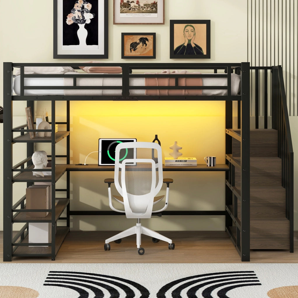 Letto a soppalco in metallo 140x200 cm con scrivania integrata, scala contenitore, luce LED e porta USB, nero