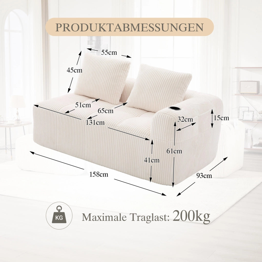 Divano 2 posti 158x93x61 cm in velluto a coste beige con tasche laterali e portabicchiere