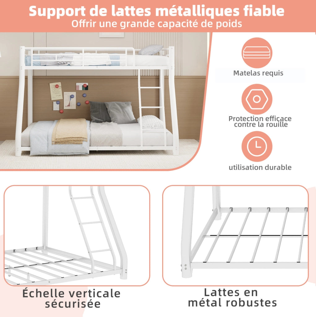 Letto a castello in metallo robusto con rete superiore 90x140 cm e rete inferiore 140x190 cm, design salvaspazio con scaletta e sponde di protezione, stile moderno