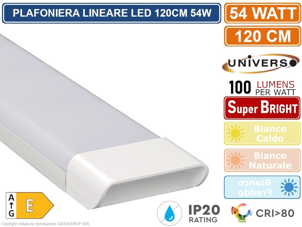 PLAFONIERA LINEARE LED UNIVERSO ALTA LUMINOSITA' 5400 LUMEN 120CM 54W IP20 - Colore Luce:Bianco Caldo