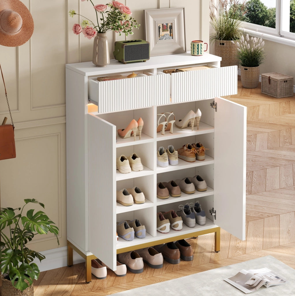Scarpiera bianca con 2 cassetti, ripiani regolabili e luce LED