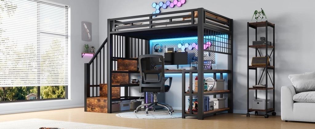 Letto a Castello 90x200 cm con Struttura in Ferro, Mensola, Rete Appendibile, Striscia LED, Scrivania, Scale con Spazio di Stoccaggio, 2 Porte USB e 1 Porta Tipo-C, Nero, Senza Materasso