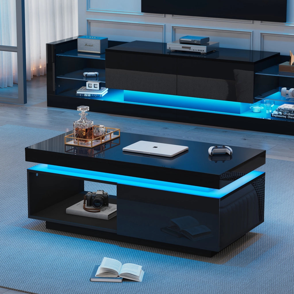 Set mobile TV e tavolino 181 x 38 x 38 cm nero lucido con LED