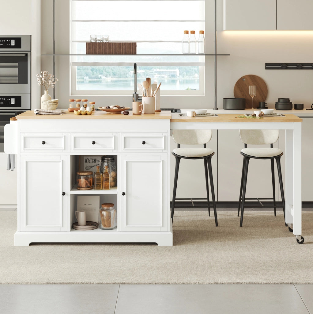Isola da cucina mobile bianca e naturale con piano estraibile