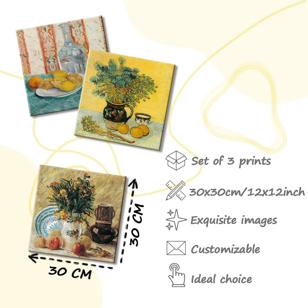 Set di 3 stampe su tela in stile Van Gogh, dimensioni 30x30 cm, nature morte, riproduzioni artistiche